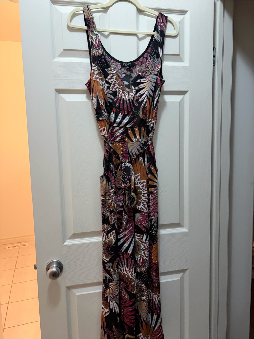 PAPILLON  Black Floral Jumpsuit with Pink & Mustard Accents SIZE LARGE